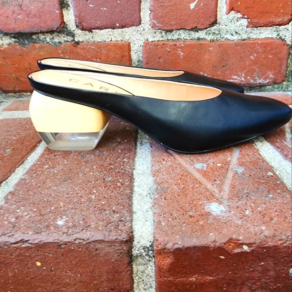 Carrano black leather heels, size 9, low,lucite heel.